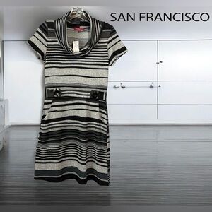 San Francisco, Striped Knee-Length Cowl Neck Dress, Small, Gray, Black